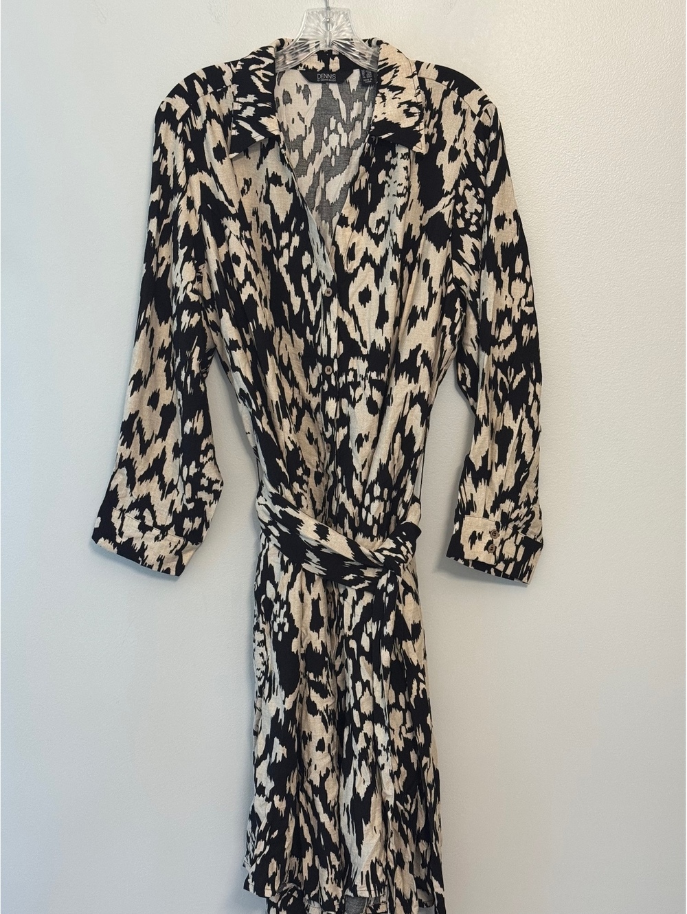 Dennis Basso Black and Cream Animal Print Wrap Dress with Belt